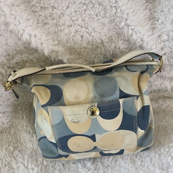 Coach Signature Nylon Blue Scarf Print Hobo Bag 11734 Leather strap and trim. - Picture 5 of 16